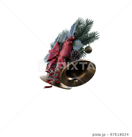 Christmas bells hanging with ribbon, berries, decoration as overlay for greeting and postcard making. 3d rendering-illustration. Christmas bells hanging with ribbon, berries, decoration as overlay for greeting and postcard making. 3d rendering-illustration. 97618024