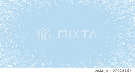 Magic falling snow christmas background. Subtle flying snow flakes and stars on light blue winter backdrop. Magic falling snow holiday scenery. Wide vector illustration. 97618137