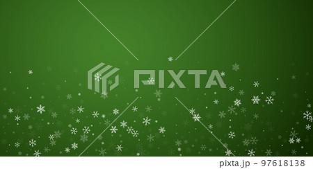 Beautiful snowfall christmas background. Subtle flying snow flakes and stars on christmas green background. Beautiful snowfall overlay template. Wide vector illustration. 97618138