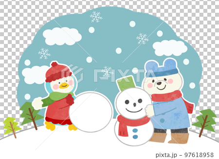 冬の白クマとペンギンのイラスト素材 雪遊び背景つきのイラスト素材