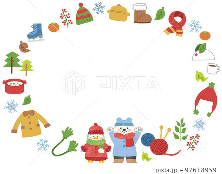 冬素材と白クマ・ペンギンのイラストフレーム素材 97618959