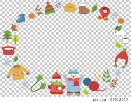 冬素材と白クマ・ペンギンのイラストフレーム素材 97618959