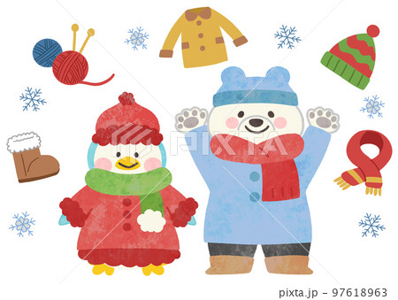 冬の白クマとペンギンのイラスト素材 97618963