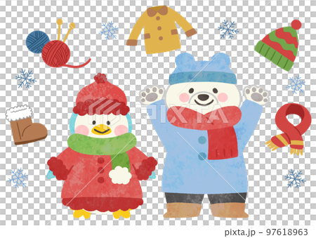 冬の白クマとペンギンのイラスト素材 97618963