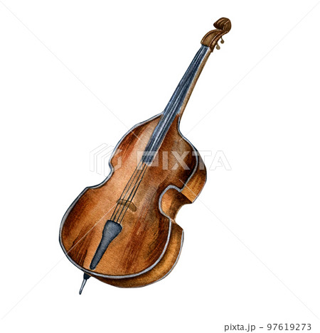Contrabass classical musical instrument watercolor illustration on white. 97619273