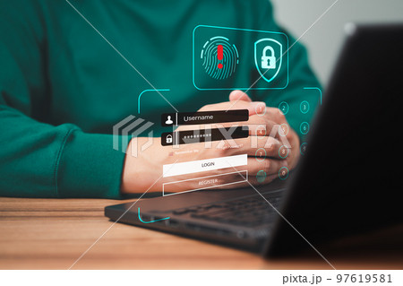 Man typing login and password, cyber security concept, Secure encryption and access to the user's private information to access the Internet. Exclamation mark. 97619581