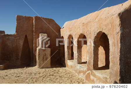 Abandoned decorations for shooting Star Wars movie in Sahara desert, Tunisia 97620402