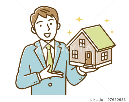 一戸建ての建築模型を持つ若い男性 97620688