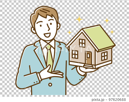 一戸建ての建築模型を持つ若い男性 97620688