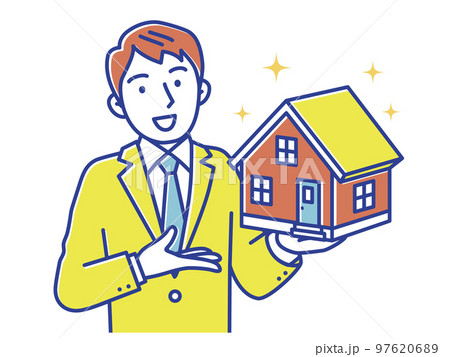 一戸建ての建築模型を持つ若い男性 97620689