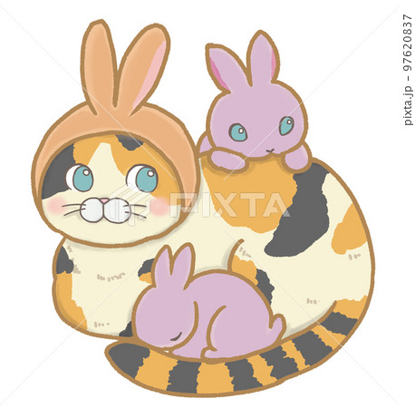 うさぎの被り物した猫ちゃんと子ウサギのイラスト素材 [97620837] - PIXTA