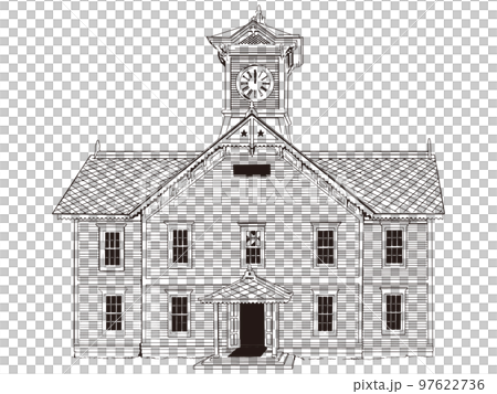 札幌市時計台のイラスト　ベクター線画　モノトーン　旧札幌農学校演武場 97622736