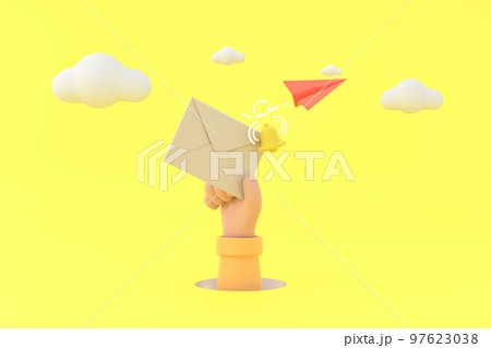 Hand hold an envelope and bell of sending notification icon with paper airplane. Hand hold an envelope and bell of sending notification icon with paper airplane. 97623038