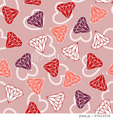 Valentines day seamless background with romantic symbols, heart, various multi coloured gemstones, diamonds. Vector pattern for decoration of wedding, engagement event 97623476