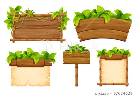 Set wooden signboard, bamboo frame parchment decorated with jungle palm leaves, liana in cartoon style isolated on white background. Jungle, tropical element, textured and detailed board.Ui game asset 97624629