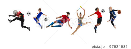 Professional and junior basketball, football, gymnastics players in action over white background. Concept of sport, achievements, competition, championship. Collage Professional and junior basketball, football, gymnastics players in action over white background. Concept of sport, achievements, competition, championship. Collage 97624685