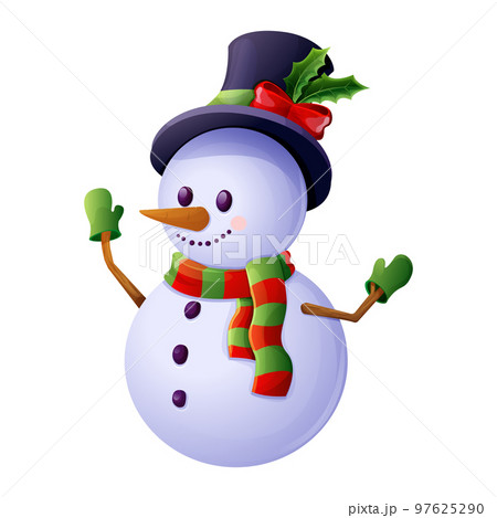 Cute snowman with top hat, scarf, emotional happy face in cartoon style isolated on white background. Christmas character, winter decoration 97625290