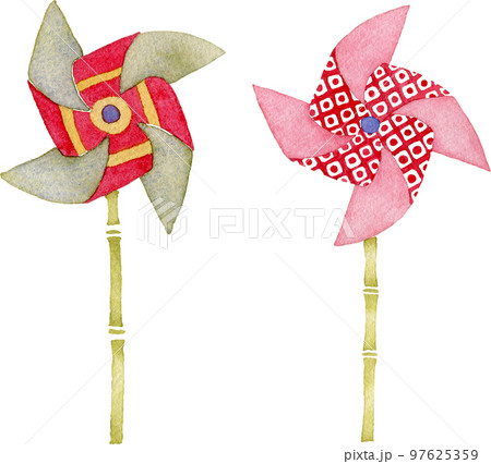 レトロな和柄の風車の水彩イラスト(赤と緑、鹿の子紋様) 97625359