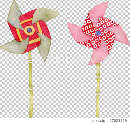 レトロな和柄の風車の水彩イラスト(赤と緑、鹿の子紋様) 97625359