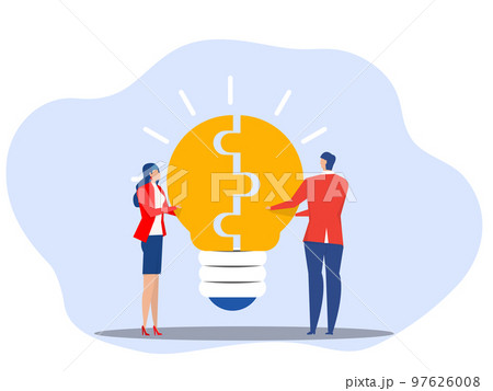 business people and partner connect lightbulb jigsaw puzzle together, agreement solution to solve problem, brainstorm or connect idea concept, Understanding lead to success Flat vector illustration. 97626008