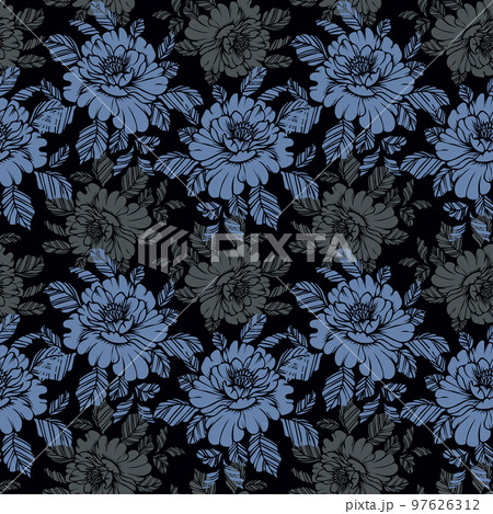 Seamless pattern, hand-drawn blue and gray peonies on a dark background. Floral vintage background, textile, vector 97626312