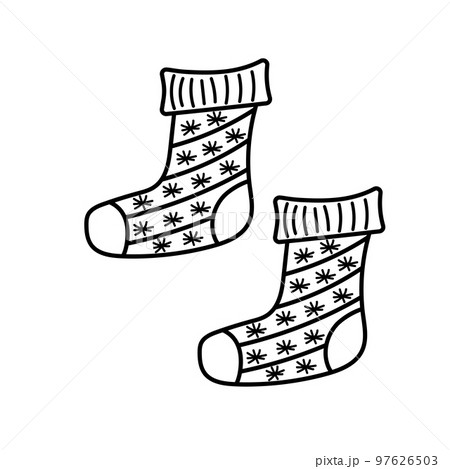 Winter knitted socks in doodle style. Warm and cozy hygge clothing with snowflakes. 97626503