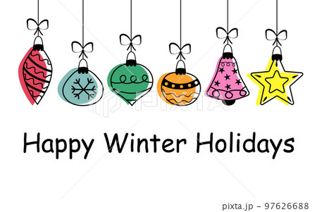 Hanging Christmas toys with bow. Happy Winter Holidays text. Christmas banner in doodle style. Hanging Christmas toys with bow. Happy Winter Holidays text. Christmas banner in doodle style. 97626688