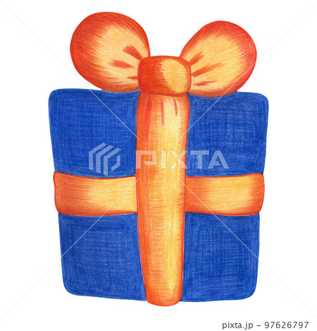 Christmas Blue Box Isolated on White Background. Symbol of Happy New Year, Xmas Holiday celebration, Winter. Hand-drawn Pencil Illustration. 97626797
