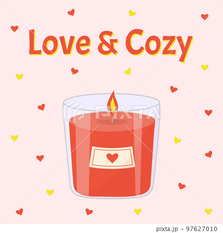 Aromatic candle in glass jar with burning flame light for aromatherapy. Love and cozy text with hearts. 97627010
