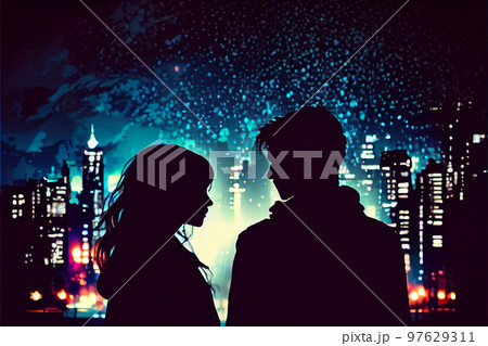 Romantic moment between teenage couple in silhouette against blur of the city at night. 97629311