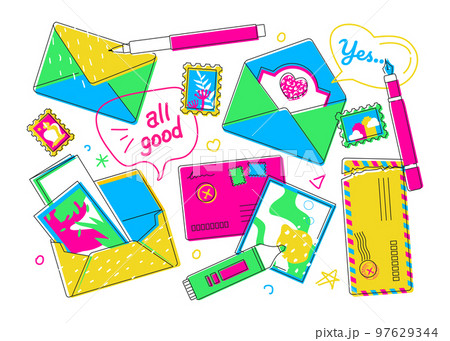 Set of letters and postcards - flat design style illustration 97629344