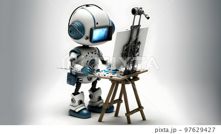 friendly robot artist next to his easel, painting and paints while working on white background, neural network ai generated art 97629427