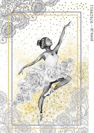 Hand drawn watercolor card template dancing ballerina with flower and lace. Pink pretty ballerina. Watercolor hand drawn illustration. Pictures for poster, invitation, postcard, background and posters 97629911