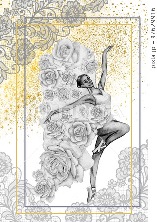 Hand drawn watercolor card template dancing ballerina with flower and lace. Pink pretty ballerina. Watercolor hand drawn illustration. Pictures for poster, invitation, postcard, background and posters 97629916
