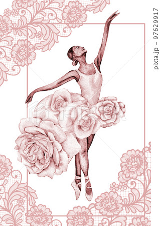 Hand drawn watercolor card template dancing ballerina with flower and lace. Pink pretty ballerina. Watercolor hand drawn illustration. Pictures for poster, invitation, postcard, background and posters Hand drawn watercolor card template dancing ballerina with flower and lace. Pink pretty ballerina. Watercolor hand drawn illustration. Pictures for poster, invitation, postcard, background and posters 97629917