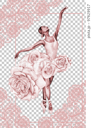 Hand drawn watercolor card template dancing ballerina with flower and lace. Pink pretty ballerina. Watercolor hand drawn illustration. Pictures for poster, invitation, postcard, background and posters 97629917