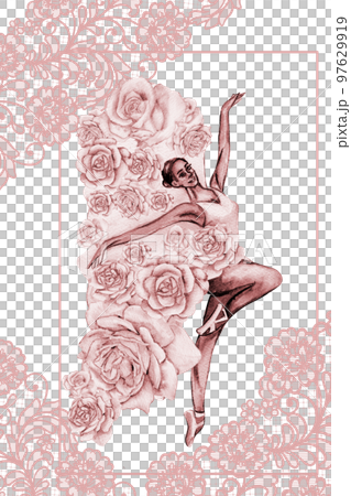 Hand drawn watercolor card template dancing ballerina with flower and lace. Pink pretty ballerina. Watercolor hand drawn illustration. Pictures for poster, invitation, postcard, background and posters 97629919