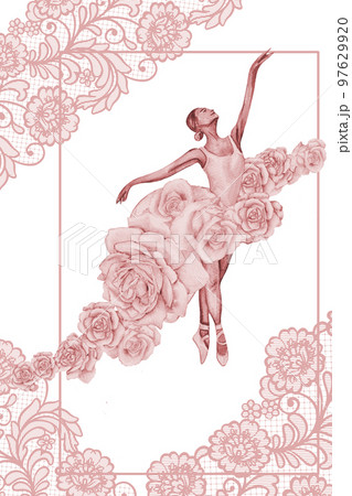 Hand drawn watercolor card template dancing ballerina with flower and lace. Pink pretty ballerina. Watercolor hand drawn illustration. Pictures for poster, invitation, postcard, background and posters 97629920
