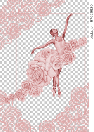Hand drawn watercolor card template dancing ballerina with flower and lace. Pink pretty ballerina. Watercolor hand drawn illustration. Pictures for poster, invitation, postcard, background and posters 97629920