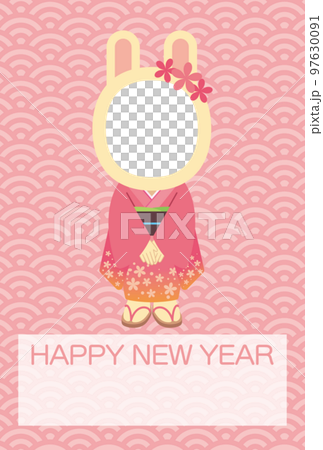 Illustration of a rabbit face photo frame wearing a kimono and a Qinghai wave background (no annotations) [New Year's card template (year of the rabbit)] 97630091