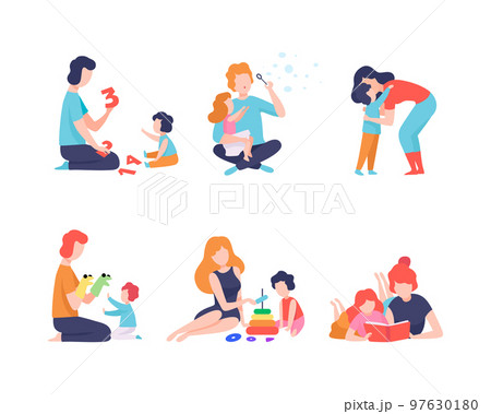 Man and Woman Parent Bringing up Kids Playing and Educating Them Vector Set Man and Woman Parent Bringing up Kids Playing and Educating Them Vector Set 97630180