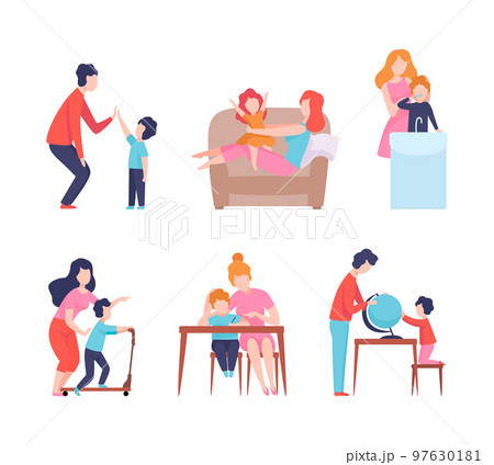 Man and Woman Parent Bringing up Kids Playing and Educating Them Vector Set 97630181