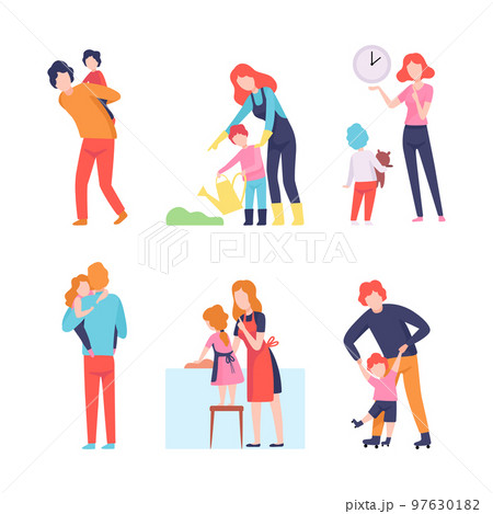 Man and Woman Parent Bringing up Kids Playing and Educating Them Vector Set 97630182