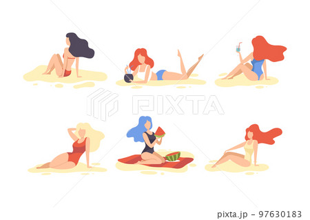 Young Woman at Sea Shore Sunbathing and Enjoying Summer Vector Set Young Woman at Sea Shore Sunbathing and Enjoying Summer Vector Set 97630183