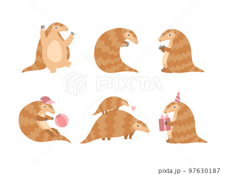 Pangolin or Scaly Anteater with Clawed Paw Engaged in Different Activity Vector Set 97630187