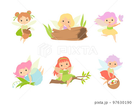 Little Fairy or Pixie with Wings as Woodland Nymph Vector Set 97630190