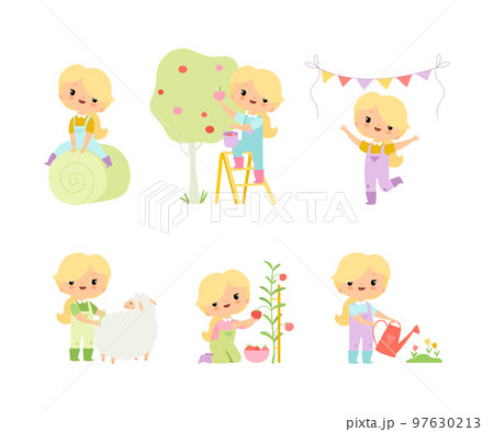 Little Blond Girl in Jumpsuit at Farm Working in the Garden Vector Set 97630213