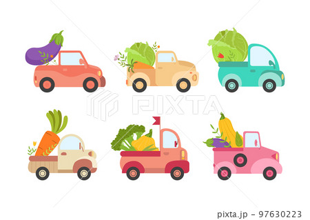 Cute Trucks and Cars Delivering Fresh Vegetables from Garden Vector Set Cute Trucks and Cars Delivering Fresh Vegetables from Garden Vector Set 97630223