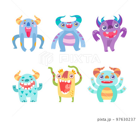 Funny Toothy Monsters with Horns and Open Mouth Vector Set 97630237