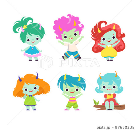 Cute Horned Trolls Boys and Girls as Adorable Smiling Fantasy Creatures Vector Set Cute Horned Trolls Boys and Girls as Adorable Smiling Fantasy Creatures Vector Set 97630238